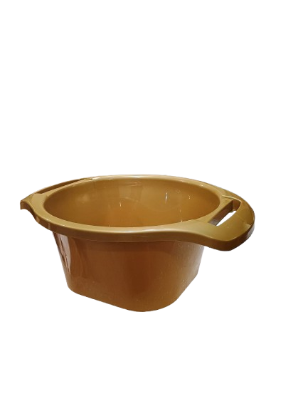 Gold plastic washbowl with built-in side handles from Majestic, shown from an angled top view.