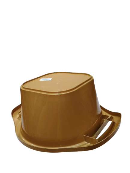 Underside view of the Majestic gold plastic washbowl, displaying its sturdy base and molded handles.