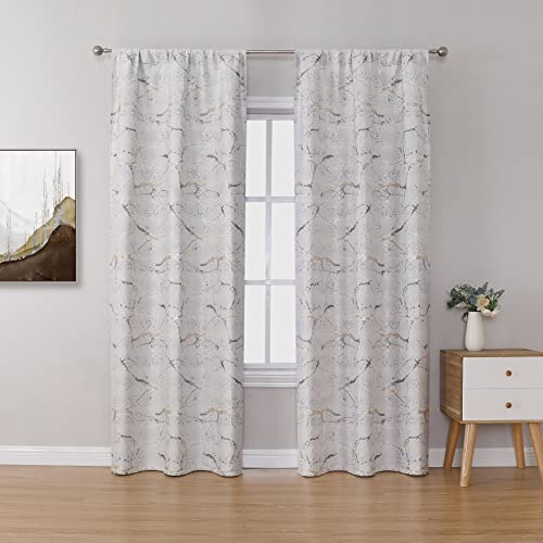 Image 1: Elegant 42x63 white and gold jacquard window curtains hanging in a modern living room.