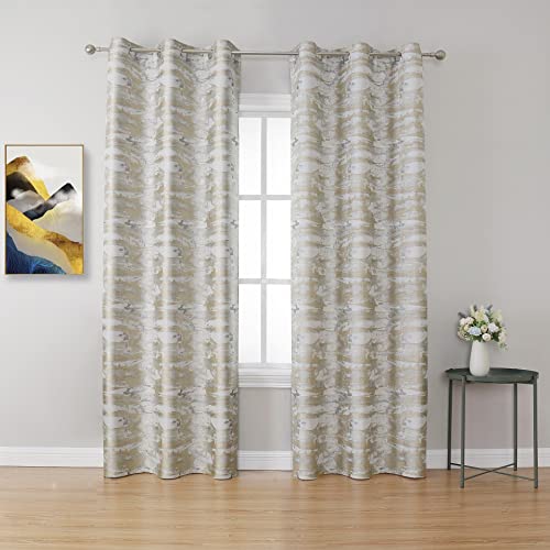 A pair of 42x84 beige and gold jacquard window curtains hanging in a modern room, styled on a curtain rod.