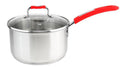 Stainless steel 3-quart saucepan with clear glass lid and bright red soft-touch handles.