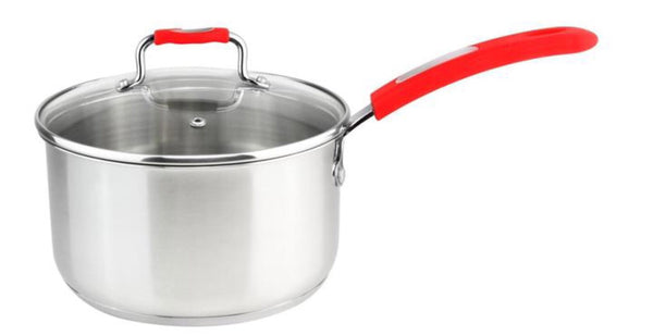 Stainless steel 3-quart saucepan with clear glass lid and bright red soft-touch handles.