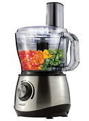 Stainless steel Brentwood 8-cup food processor filled with diced colorful vegetables in the clear bowl.