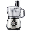Full front view of the assembled Brentwood stainless steel 8-cup food processor.