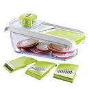 Green Brentwood mandolin slicer with clear 5-cup container and interchangeable blades, shown slicing radishes.