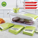 Brentwood mandolin slicer displayed with 4 blades and container, with food prep examples on the sides.