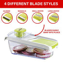 Close-up graphic showing four blade styles (julienne, mandolin, small grater, large grater) for the green mandolin slicer.