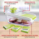 Labeled diagram of the Brentwood mandolin slicer showing storage container, manual slicer top, and stainless steel blades.