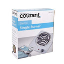 Retail packaging box for Courant Electric Single Burner in white and blue design.