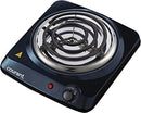 Black Courant single electric burner with exposed coil heating element and temperature control knob.