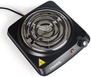 Top-down view of black Courant electric burner showing chrome drip pan and coil.