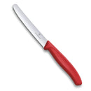 Victorinox 4.5 inch round tip serrated kitchen knife with red handle on white background