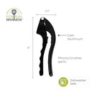 Black garlic press with labeled features showing handle design and dimensions