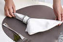 Hands arranging a napkin with a decorative silver napkin ring on a placemat