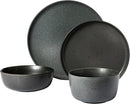 Truffle gray 16-piece stoneware dinnerware set with dinner plates, salad plates, soup bowls, and smaller bowls on a white background.