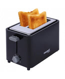 Compact black 2-slice toaster, Courant brand, with removable crumb tray and silver accents