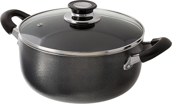 Uniware 5-quart non-stick aluminum pot with glass lid and side handles, shown on a white background.