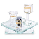 Crystal Havdalah set with swivel base featuring clear glass tray, silver-tone accents, and coordinated candle holder, spice box, and cup