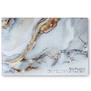 Reinforced glass challah tray with marble-style design and Hebrew Shabbat inscription