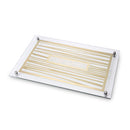 Glass challah tray with gold-lined stripes and clear glass surface