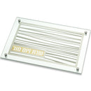 Glass challah tray with gold linear detailing and Hebrew Shabbat inscription, rectangular design