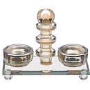 Crystal salt and pepper holder set with two round bowls and a tall central shaker on a rectangular base