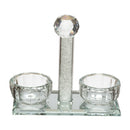Crystal salt and pepper holder set with glass chip base and central crystal handle