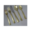 Full gold 20-piece flatware set with forks, spoons, and knives arranged on a neutral background
