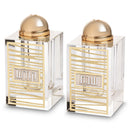 Pair of shabbos salt shakers with gold laser cut engraving