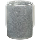 lucite wash cup with white handles and silver glitter on a white background