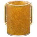 Lucite wash cup with gold glitter and matte gold handles on a white background