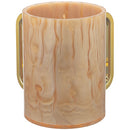 Front view of a Beige Lucite washing cup with gold handles on a white background
