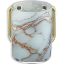 Lucite washing cup with a marble design and gold handles on a white background 