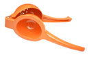an orange press at a half open position on a white background