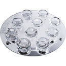 Set of 10 crystal candlesticks sitting on a tray that says 'shabbat ve'yomtov' on the side on a white background