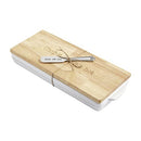 Mud Pie Circa White Ceramic Tray and Cutting Board Set featuring a rectangular white ceramic serving tray with a beaded rim and a wooden lid engraved with "Chop it," "Slice and Dice," and "It's hot."