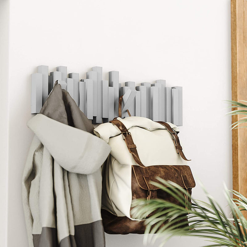 Umbra Sticks Multi Hook Coat Rack – Modern, Unique, Space-Saving Coat Hanger with 5 Flip-Down Hooks for Hanging Coats, Scarves, Purses and More, Gray