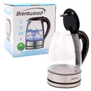 Brentwood 1.7L electric tea kettle with blue LED light is made of tempered clear glass, allowing the water inside to be seen. It has a black ergonomic handle, a black lid with a hinge, and a stainless steel base.