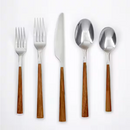 A 5-piece setting of flatware with stainless steel heads and rich, dark wood-grain mahogany handles, laid out neatly. The set includes a salad fork, dinner fork, dinner knife, soup spoon, and teaspoon.