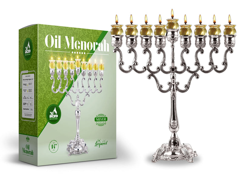 Ner Mitzvah Silver Plated Oil Menorah with Olive Branches - 14" High