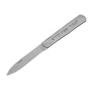 Silver stainless steel folding challah knife with Hebrew inscription on the handle.