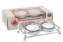 A boxed set featuring a shiny, rectangular, nickel-plated metal frame holder designed for two mini tealight candles, with two white tealights included.