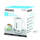 Box for a white Courant KEP-102W 1-liter cordless electric kettle, highlighting features like 360° rotational base and 1000W power.