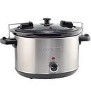 Stainless steel 6-quart slow cooker with glass lid and black handles, shown on a white background.
