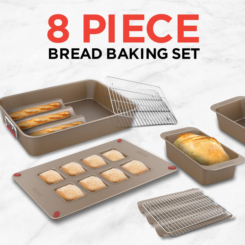 Elbee Home 8-Piece Nonstick Space Saving Bread Baking Pan Set - Includes 1 x Large Roasting Pan 2 x Bread Loaf Pan 2 x Baguette Pan 2 x Cooling Rack & 1 x 8 Cavity Mini Loaf Pan PFOA & PFOS Free