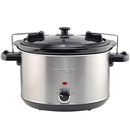 Stainless steel 6-quart slow cooker with glass lid and black handles, shown on a white background.