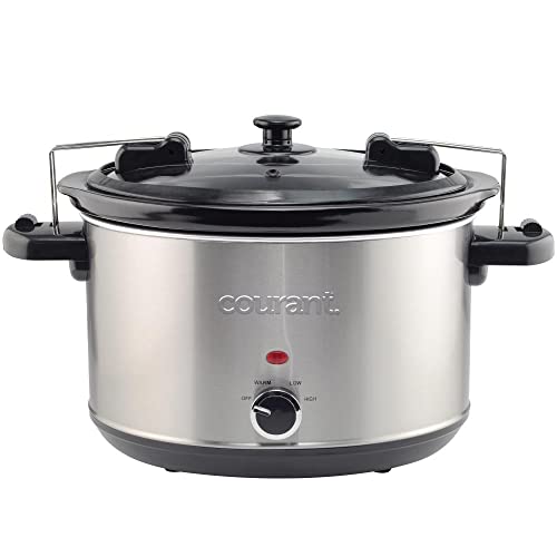 Courant 6-Quart Slow Cooker with Locking Lid, Warm Settings, Stainproof Stoneware Pots and Glass Lids – Stainless Steel