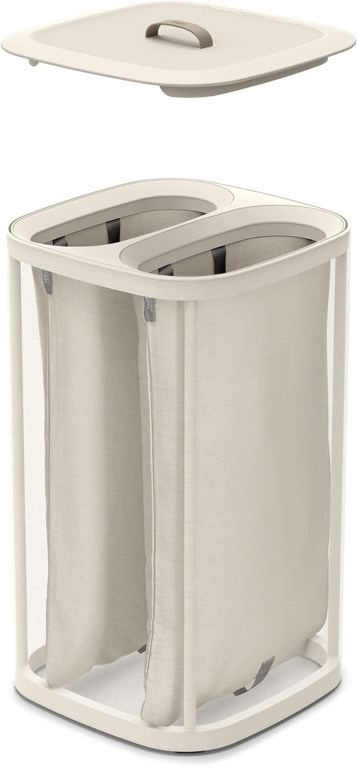 Joseph Joseph Tota 60-liter Laundry Hamper Separation Basket with lid, 2 Removable Washing Bags with Handles- Ecru