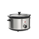 Stainless steel slow cooker with black lid and control dial.