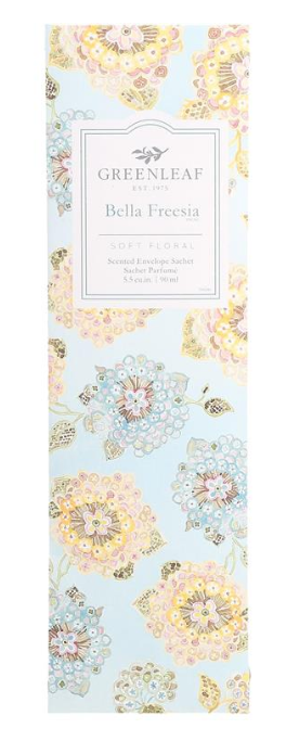 Greenleaf Bella Freesia slim sachet in a soft lavender and green floral-patterned packet on a white background.
